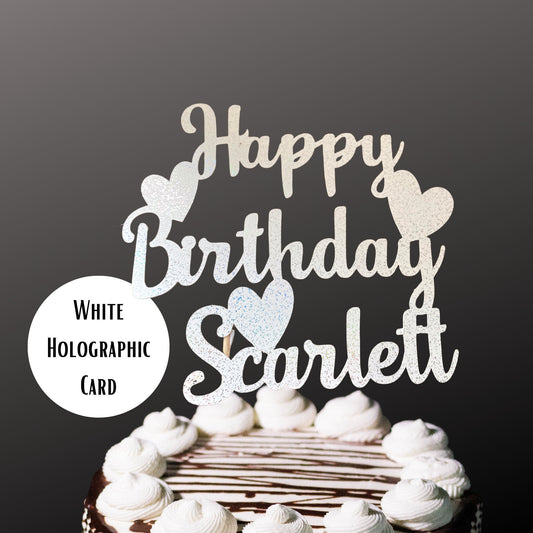 Personalised Happy Birthday Large Cake Topper for Daughter with Hearts, White Holographic Glitter Birthday Cake Decor Gift for Teenager