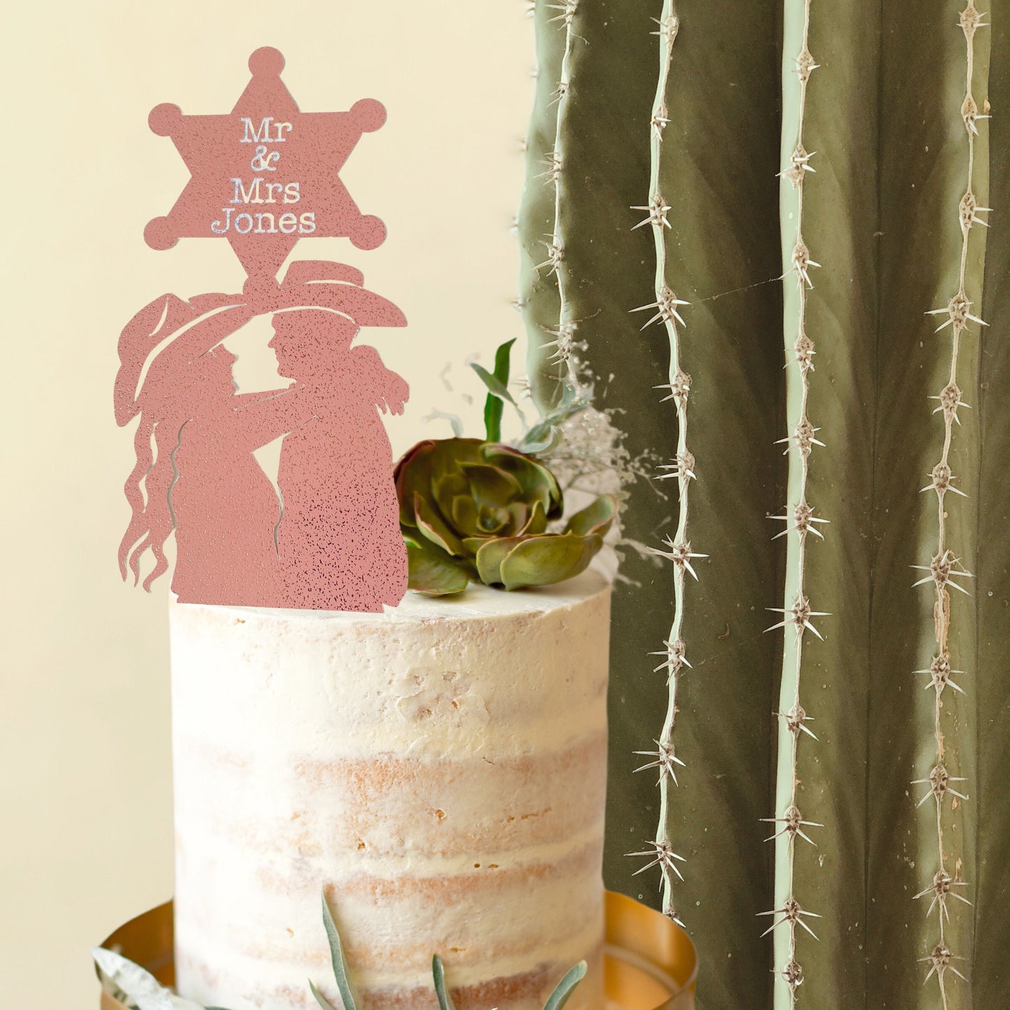 Western Wedding Cake Topper Blush Pink Personalised Boho Cake Topper Cowgirl Cowboy Stetson Hats for Bride and Grooms Wedding Cake Topper