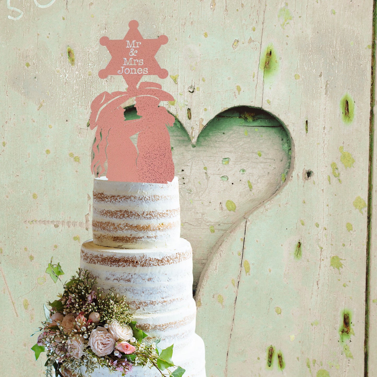 Western Wedding Cake Topper Blush Pink Personalised Boho Cake Topper Cowgirl Cowboy Stetson Hats for Bride and Grooms Wedding Cake Topper