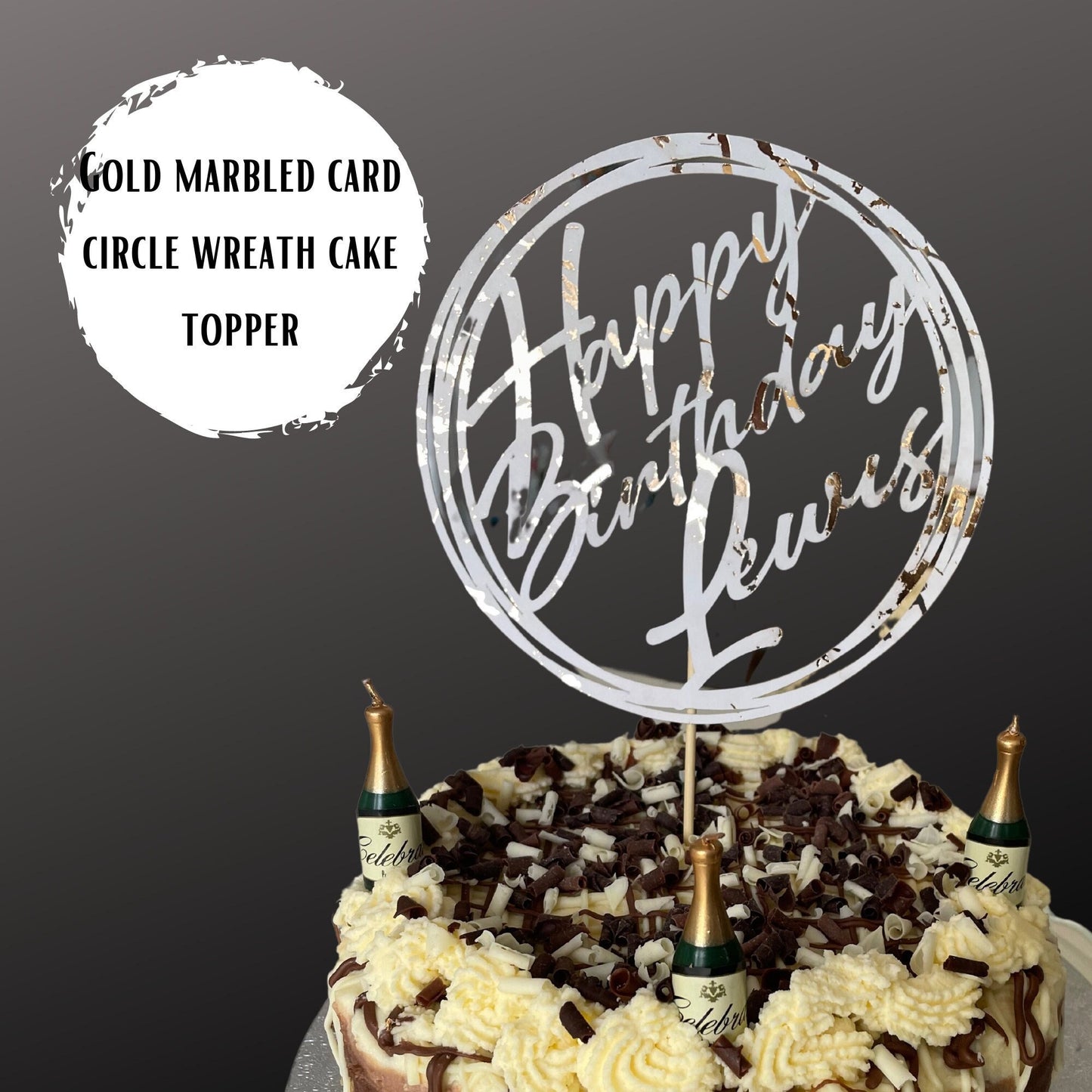 Round Personalised Happy Birthday Topper Personalised Gold Marbled Card Circular Wreath Calligraphy Font Custom Birthday Cake Topper for Him