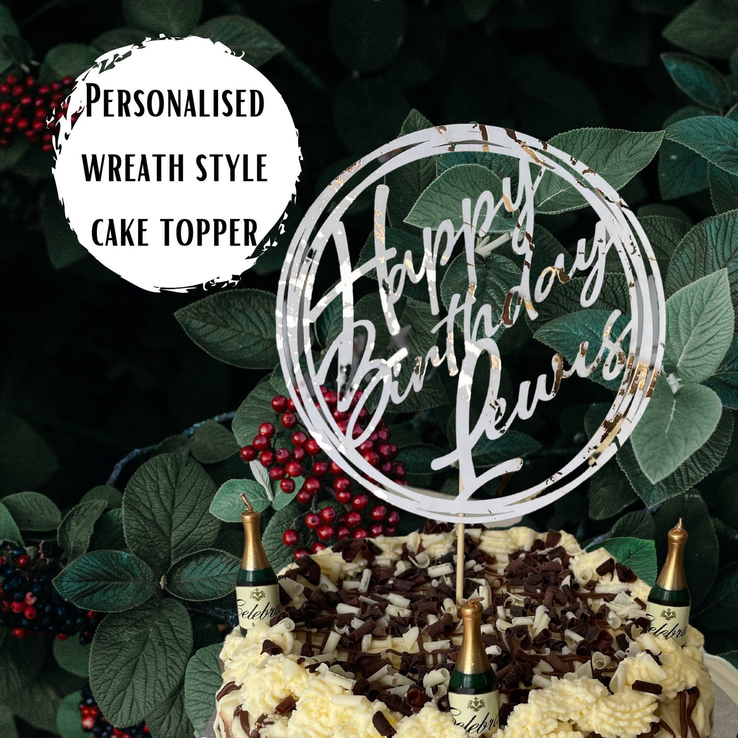 Round Personalised Happy Birthday Topper Personalised Gold Marbled Card Circular Wreath Calligraphy Font Custom Birthday Cake Topper for Him