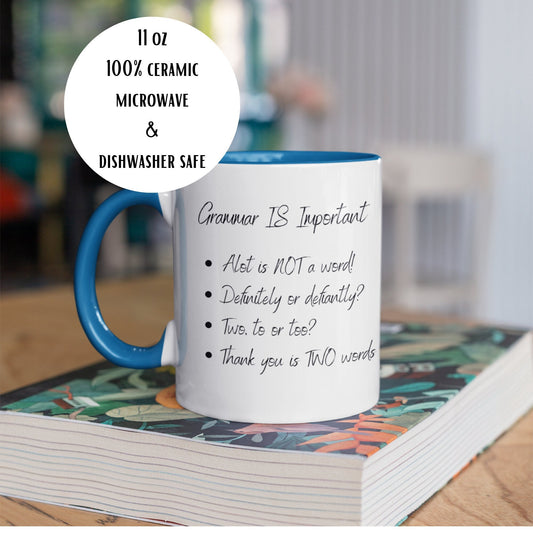 Language Lover Grammar Nerd Mug Gift, Two-Tone with Matching Handle Spelling and Grammar Police 11oz White Coffee Mugs Perfect for Teachers