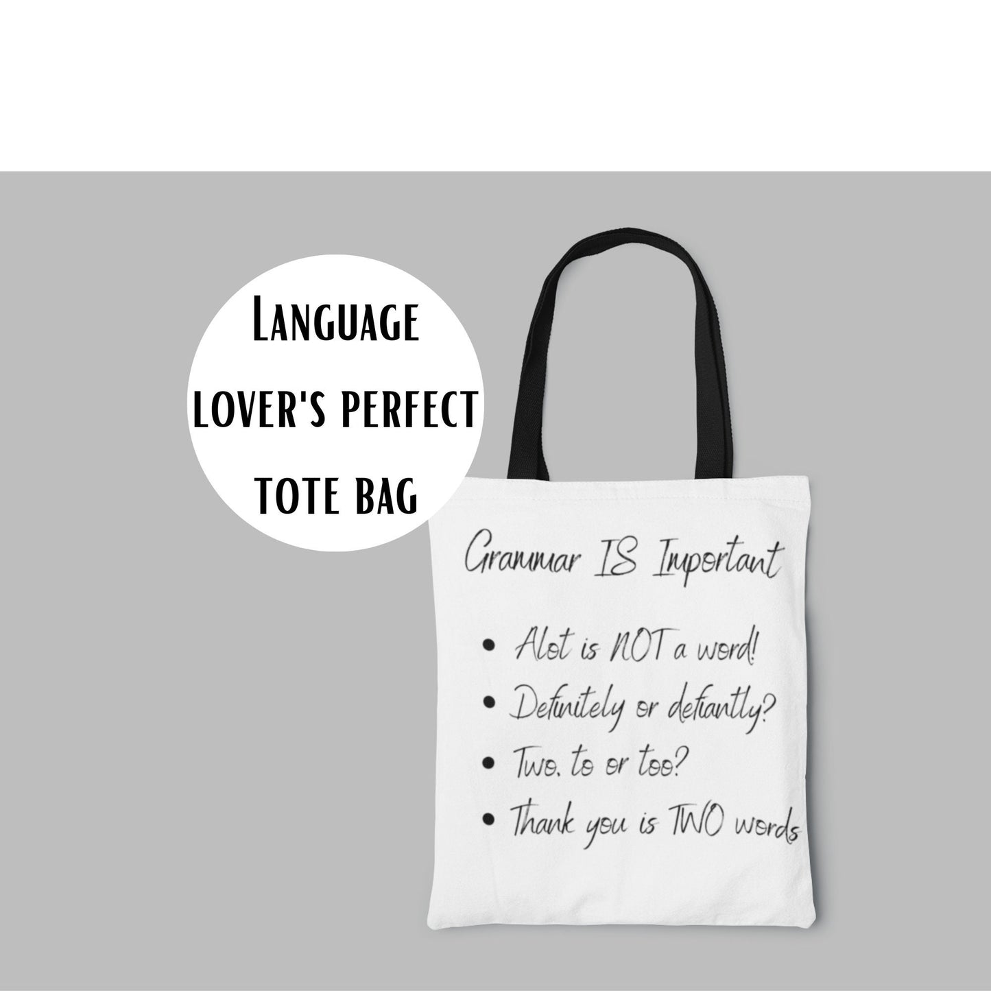 Spelling Nerd Grammar Tote Bag, Black Inner and Black Strap English Language Lover Slogan Polyester Canvas Tote Bag Teacher Bookworm Gift